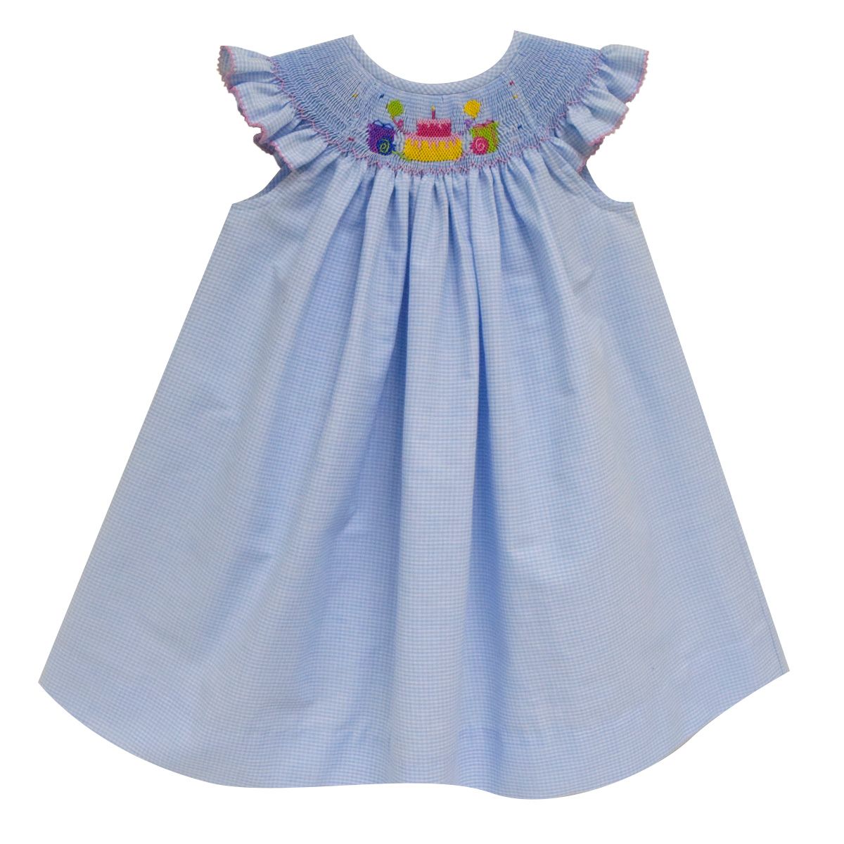 Birthday Smocked Light Blue Gingham Angel Wing Bishop