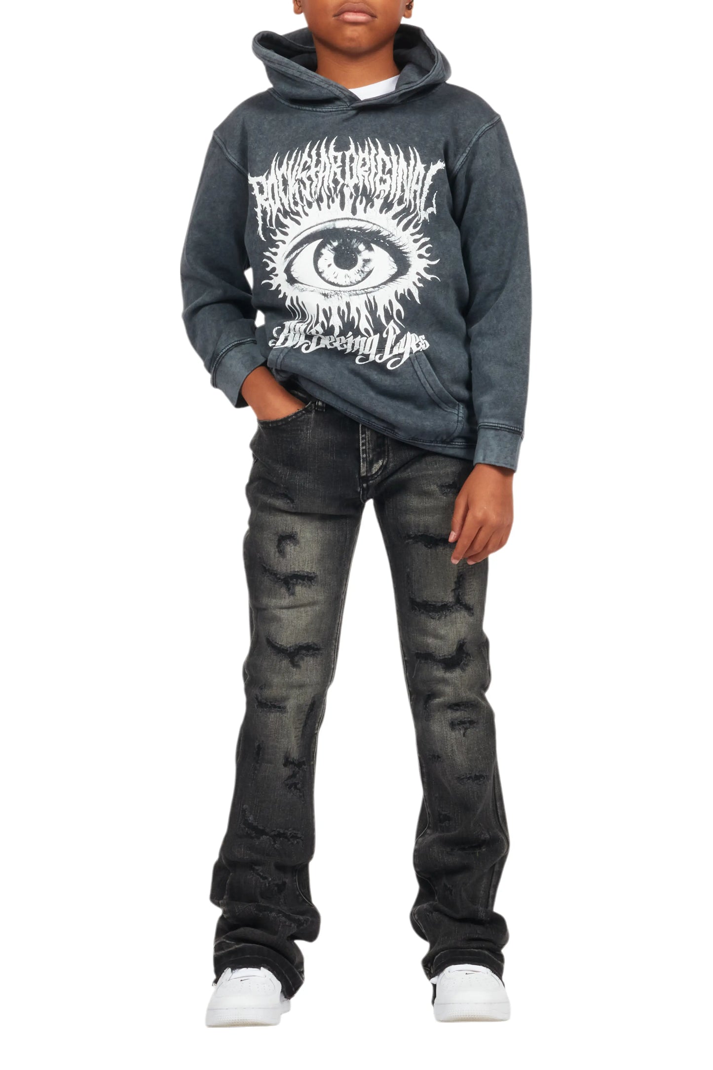 Boys All Eyes Vintage Black Hoodie/Stacked Flare Jean Set