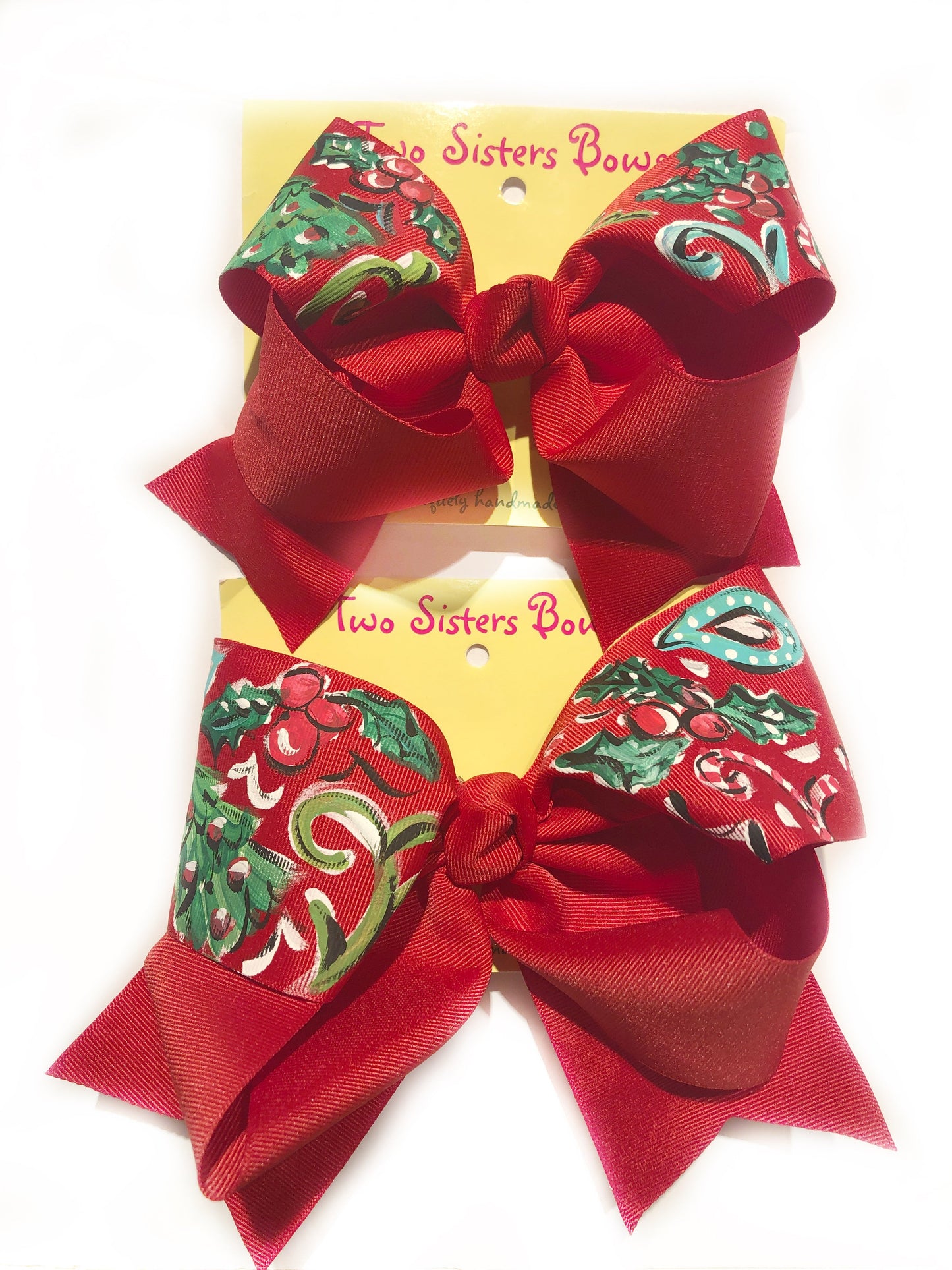 Christmas Tree & Holly -Handpainted Red Hair bow - Choose 6â or 8â