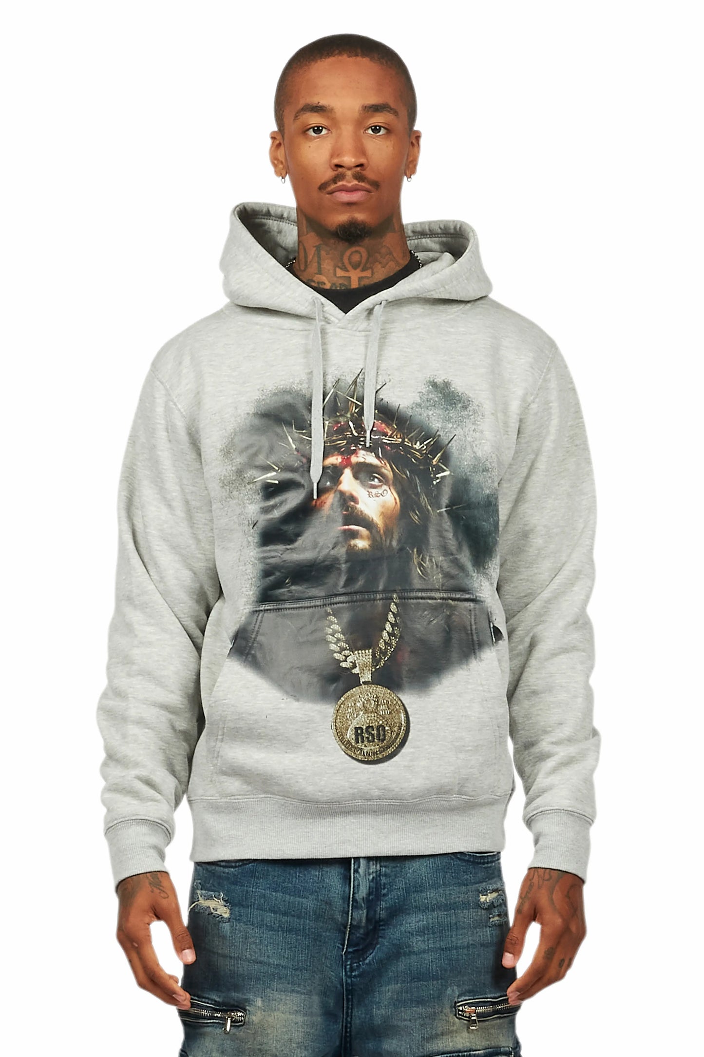 Amina Heather Grey Distressed Graphic Hoodie
