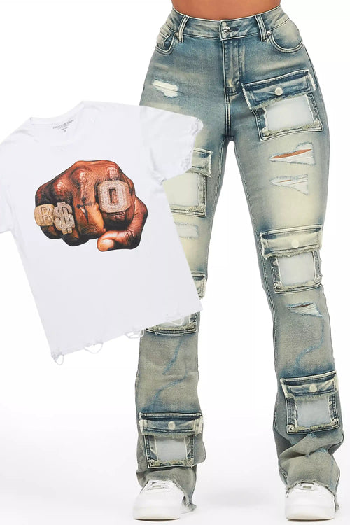 Aleeana White Tee & Mashawi Blue Wash Jean Set