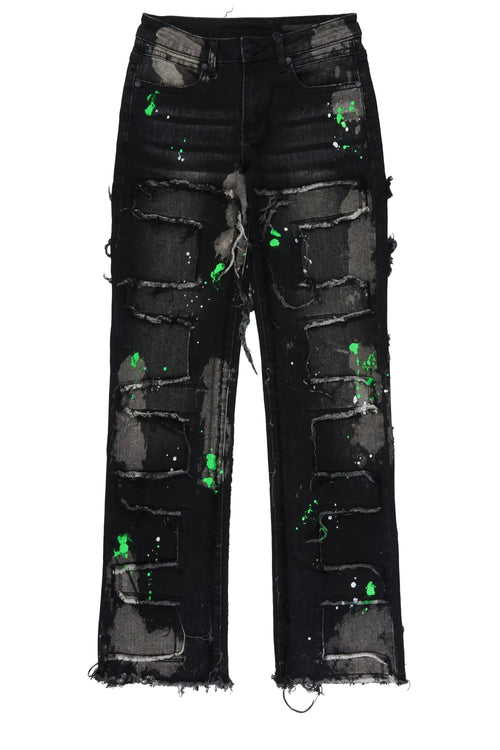 Boys Bann Black/Green Stacked Painter Flare Jean