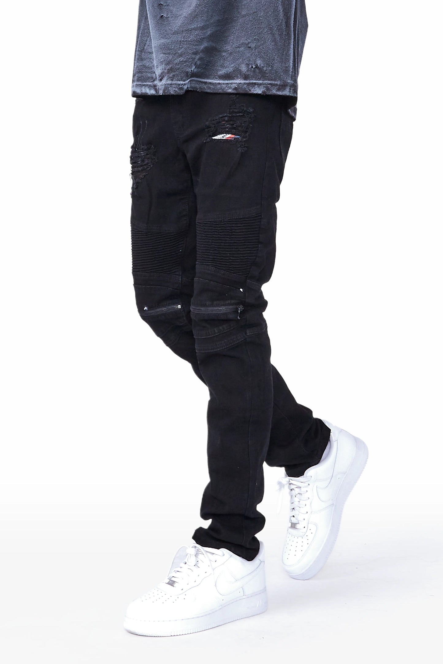 Bk Signature Biker / Zipper Knee Jean- Black