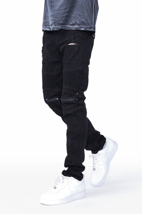 Bk Signature Biker / Zipper Knee Jean- Black