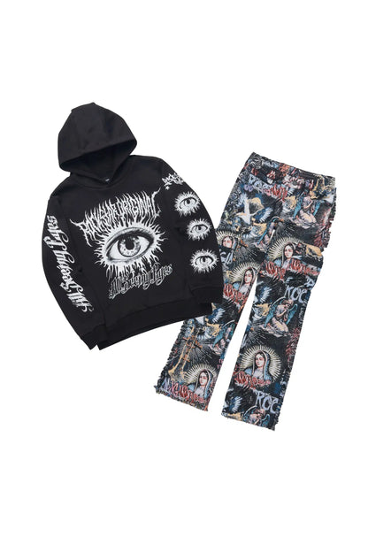 Boys All Eyes Black Hoodie & Dalai Multi Stacked Jean Set