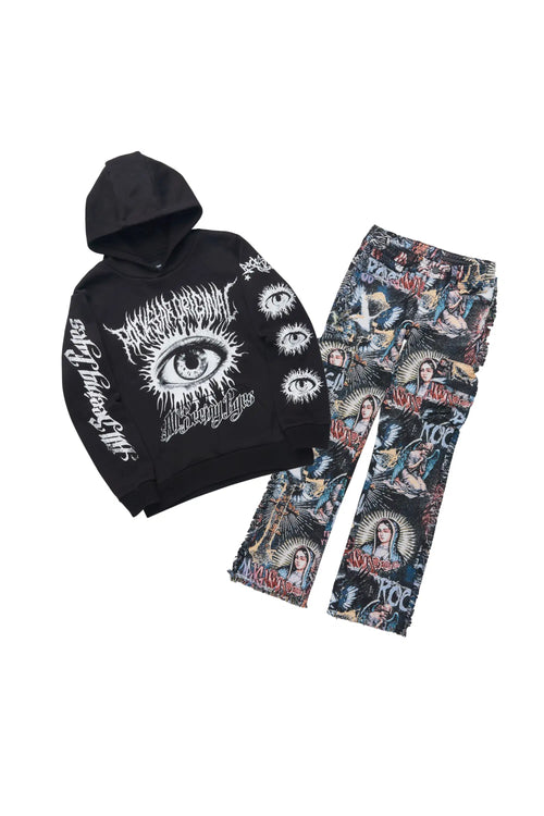 Boys All Eyes Black Hoodie & Dalai Multi Stacked Jean Set