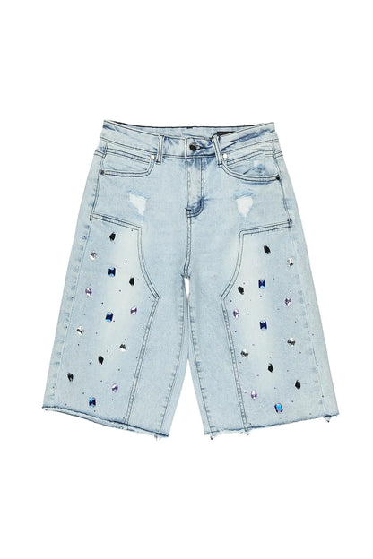 Boys Allex Light Wash Rhinestone Baggy Jort