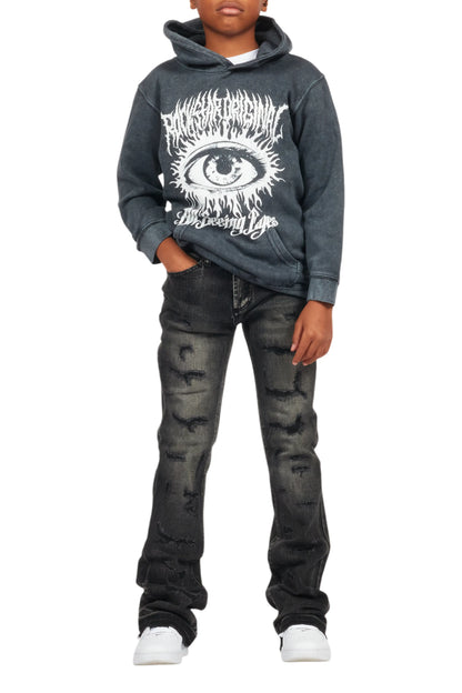 Boys All Eyes Vintage Black Hoodie/Stacked Flare Jean Set