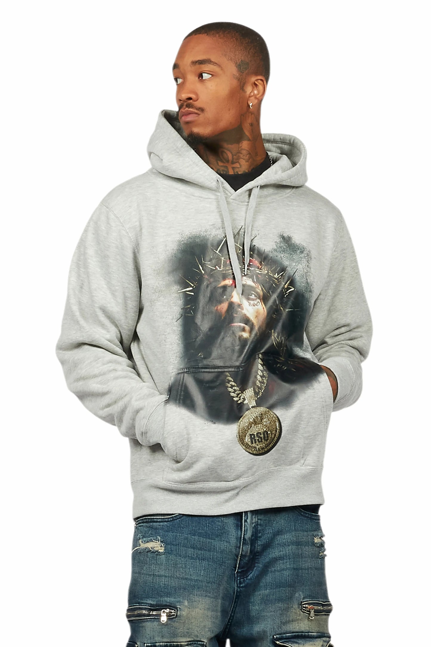Amina Heather Grey Distressed Graphic Hoodie