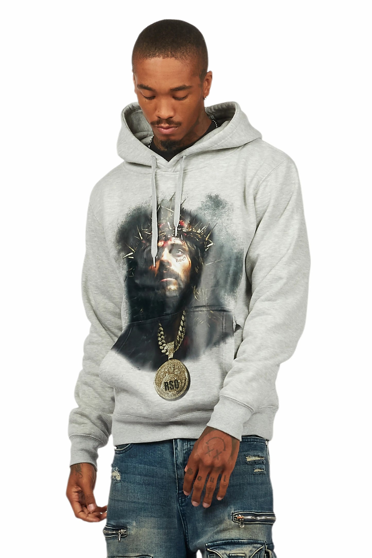 Amina Heather Grey Distressed Graphic Hoodie