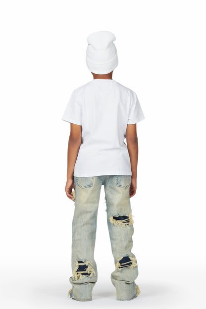 Boys Baam White/Blue T-Shirt/Stacked Flare Jean Set