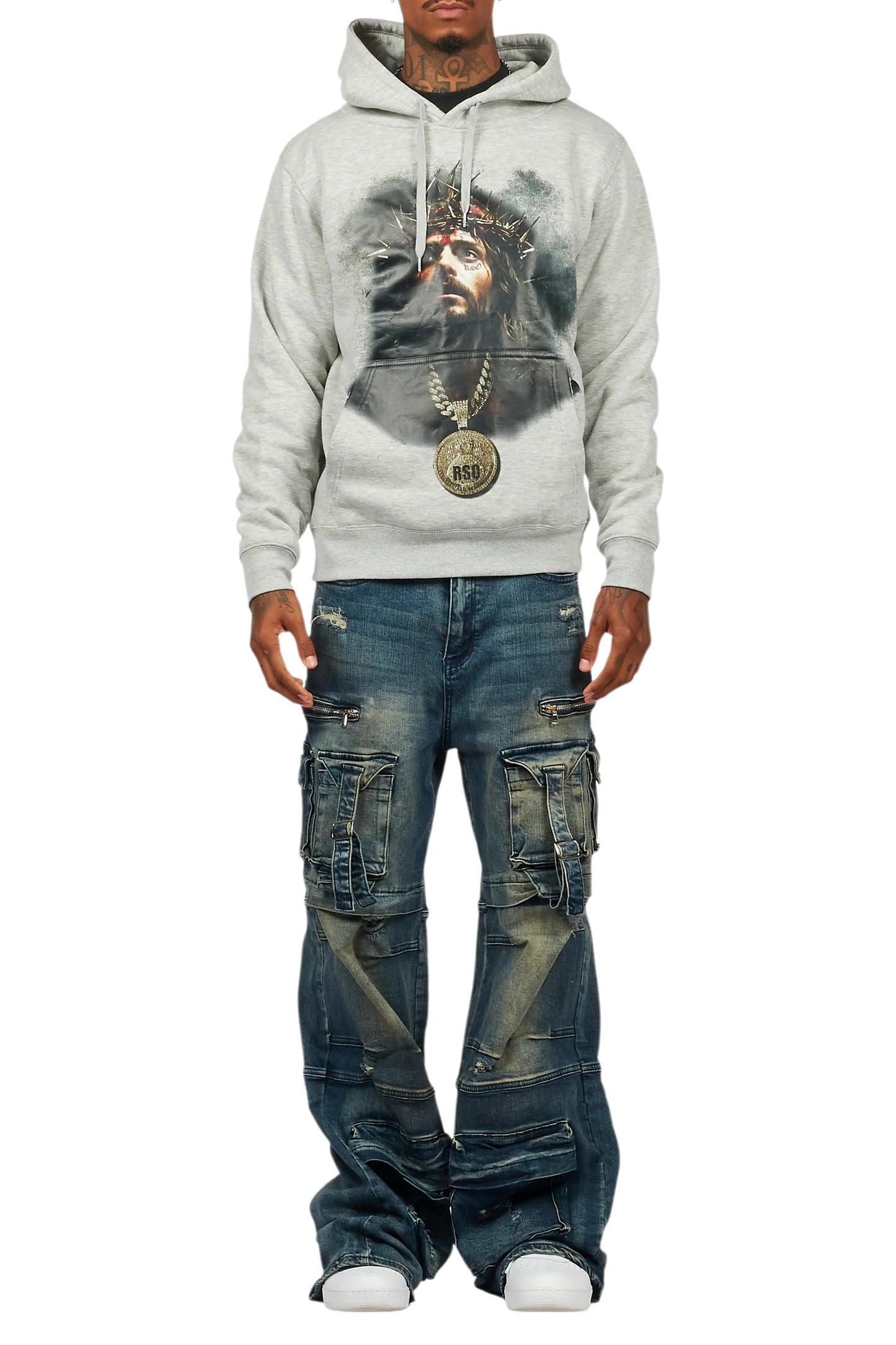 Amina Heather Grey Distressed Graphic Hoodie