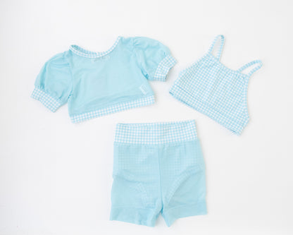 Bubble Gum Gingham Blue 3pc Crop, Bra Top and Brief