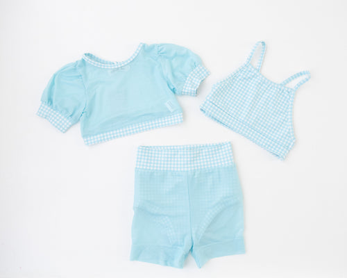 Bubble Gum Gingham Blue 3pc Crop, Bra Top and Brief