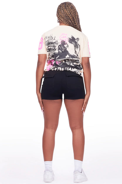 Ahmani Beige/Black Denim Short Set
